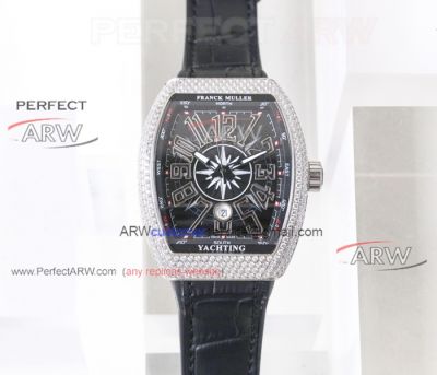 Perfect Replica Franck Muller Vanguard Yachting Diamond Bezel Black Arabic Dial Men Watches